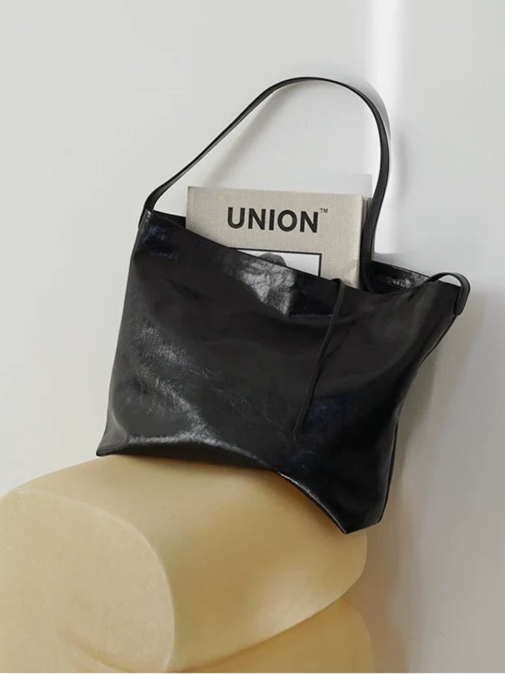 ATORIE Minimal Black Leather Shoulder Tote Bag